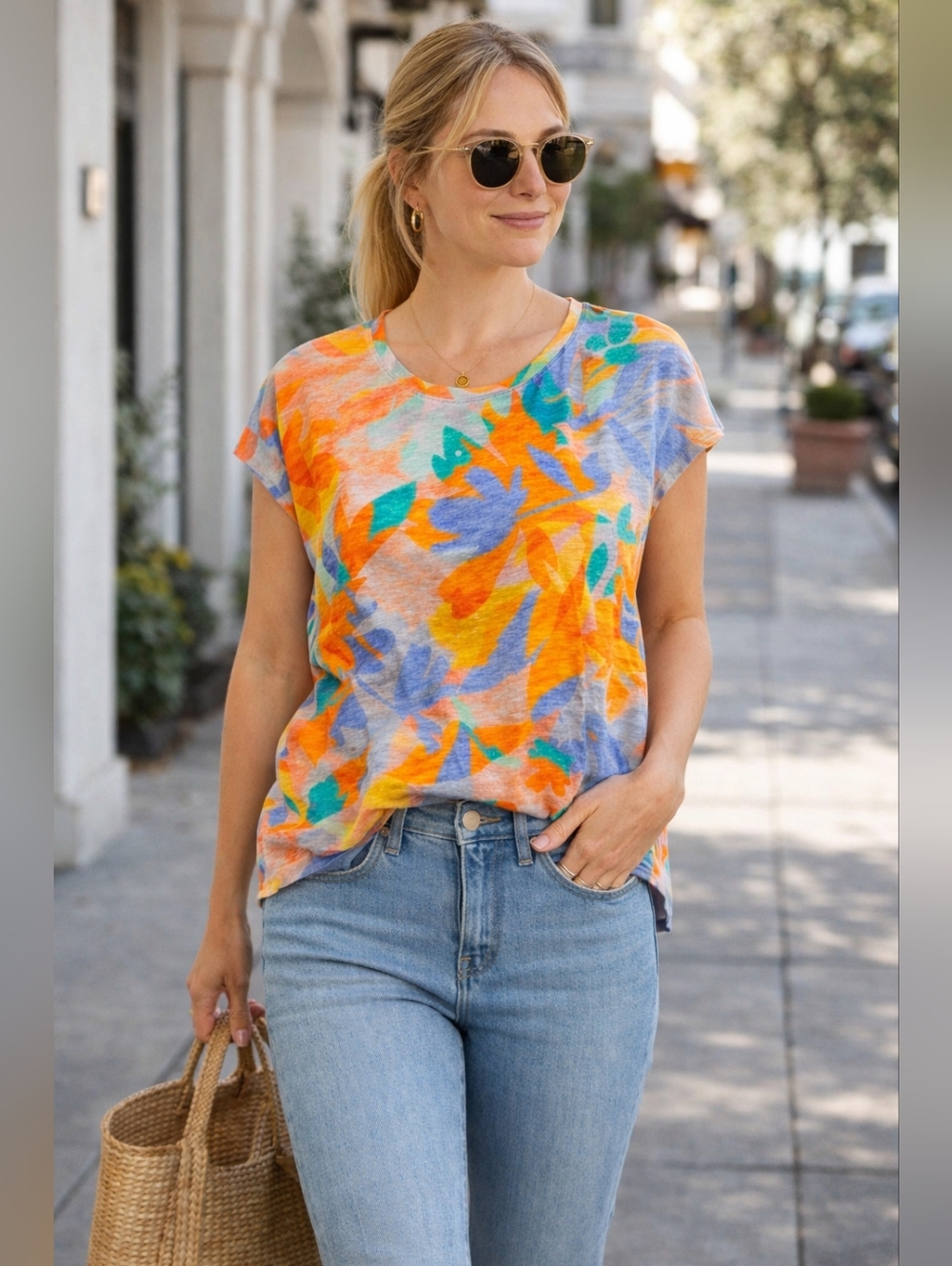 Joie 100% Linen Floral Blouse XL Lightweight Summer Top Button Back Flowing